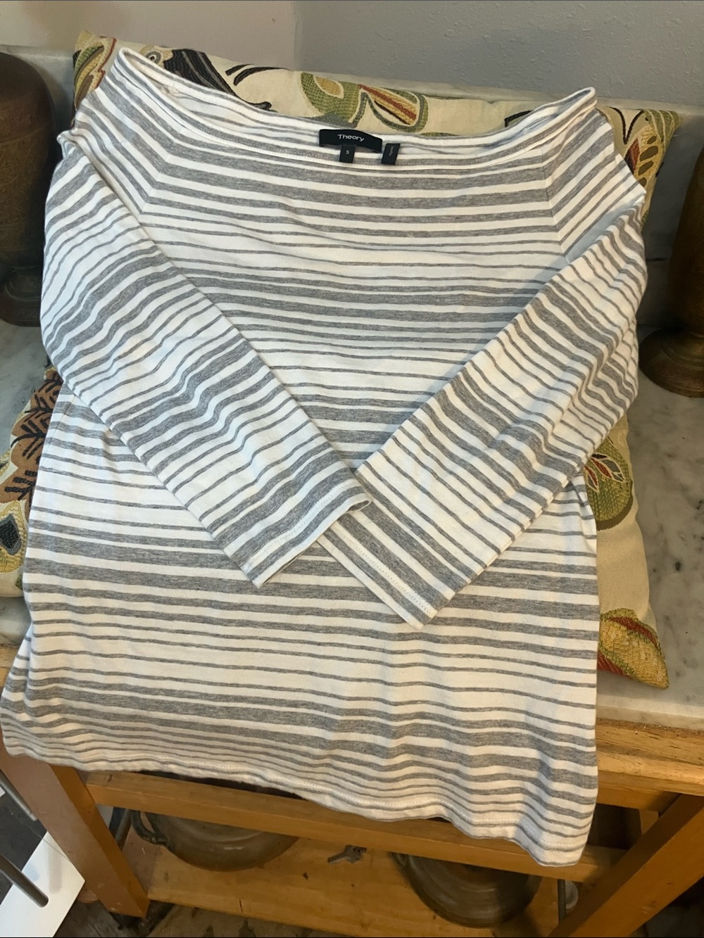 Theory Striped Boatneck Long Sleeve Top in Gray and White